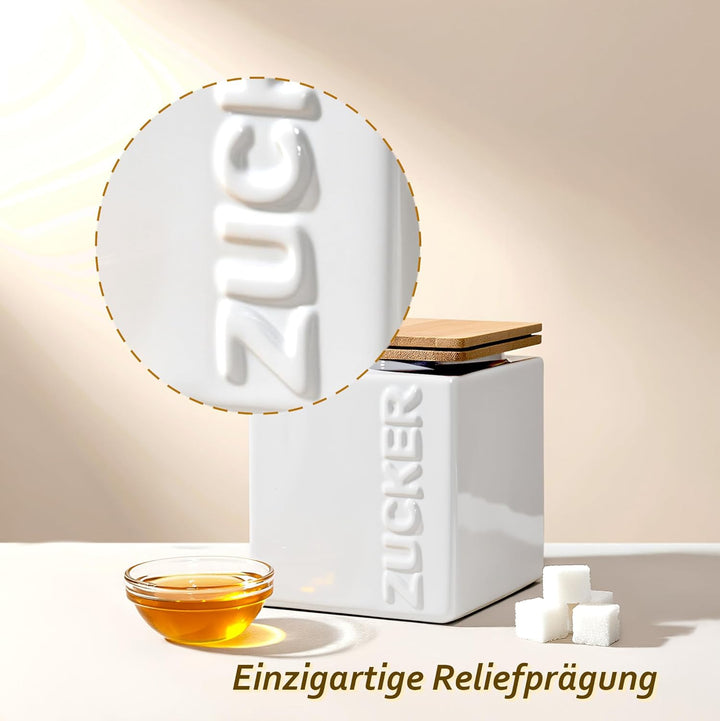 Zuckerdose luftdicht 1kg – Keramik Zuckerbehälter inkl. Bambus Messlöffel - Bambusdeckel für lange H