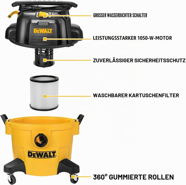 DEWALT 20L Poly Nass-/Trockensauger, Mobiler Nass Trockensaug mit Universalrad, 3 IN 1 mit Blas- und