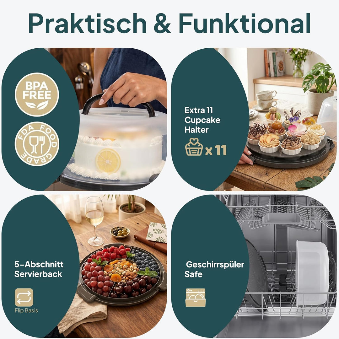 uandu Kuchen Transportbox rund, Tortentransportbox mit Haube und Griff. Box mit Deckel, Aufbewahrung