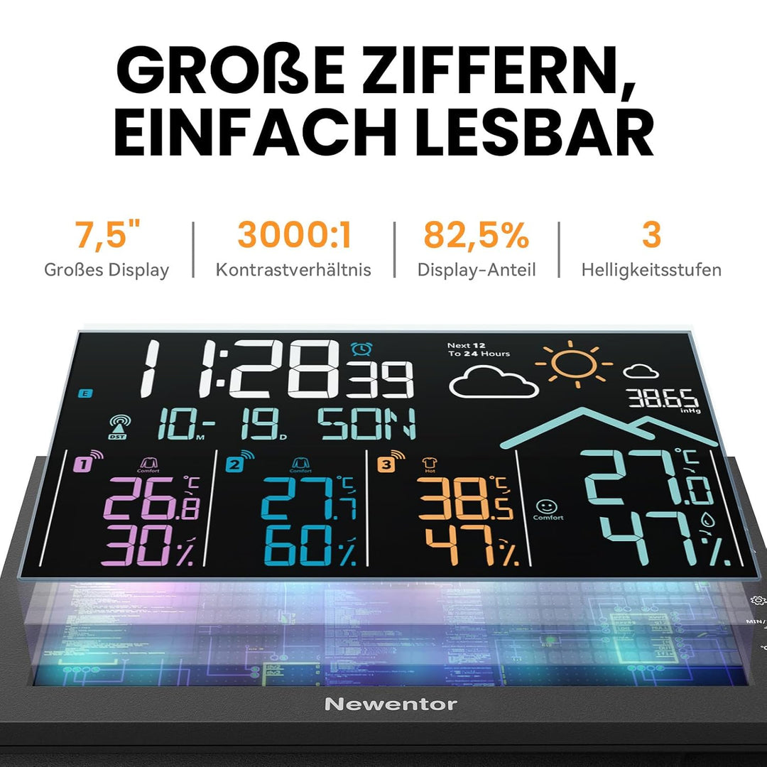Newentor Wetterstation Funk mit Aussensensor, 3 Aussensensoren, Schwarz | Wetterstation mit 3 Aussen