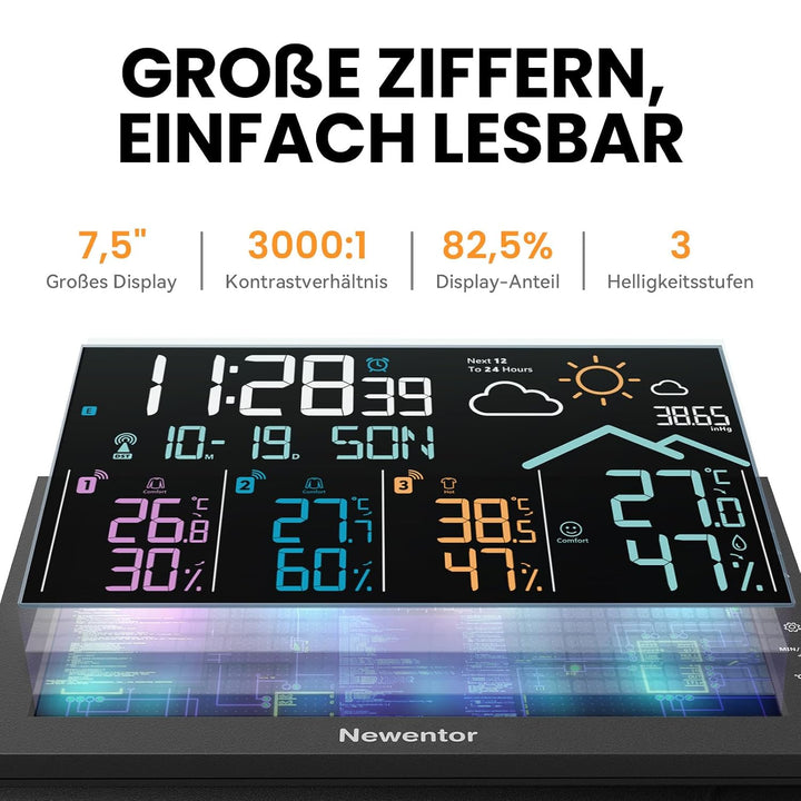 Newentor Wetterstation Funk mit Aussensensor, 3 Aussensensoren, Schwarz | Wetterstation mit 3 Aussen