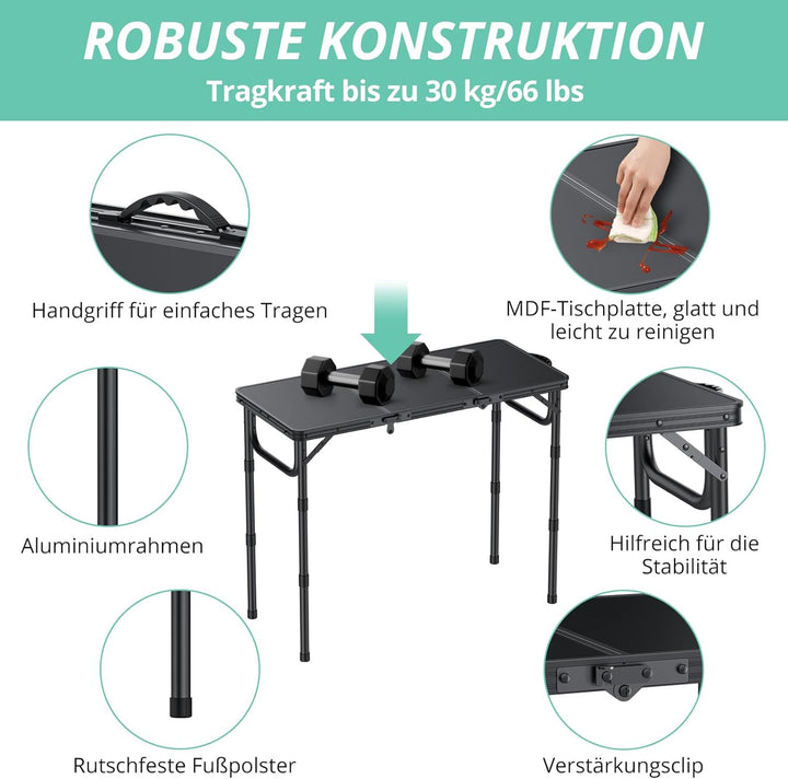 VINTEAM Campingtisch Klappbar 87x40cm – 3 Falten 3-Fach Höhenverstellbar, Aluminium Falttisch Balkon