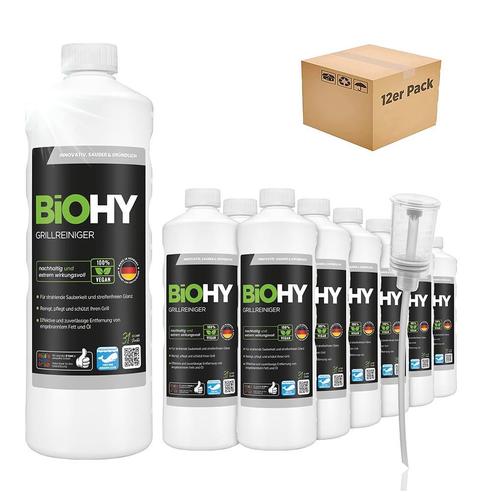 BiOHY Grillreiniger (12 x 1 Liter) + Dosierer | Reiniger für Holzkohle-, Gas- und Elektrogrill | Hoc
