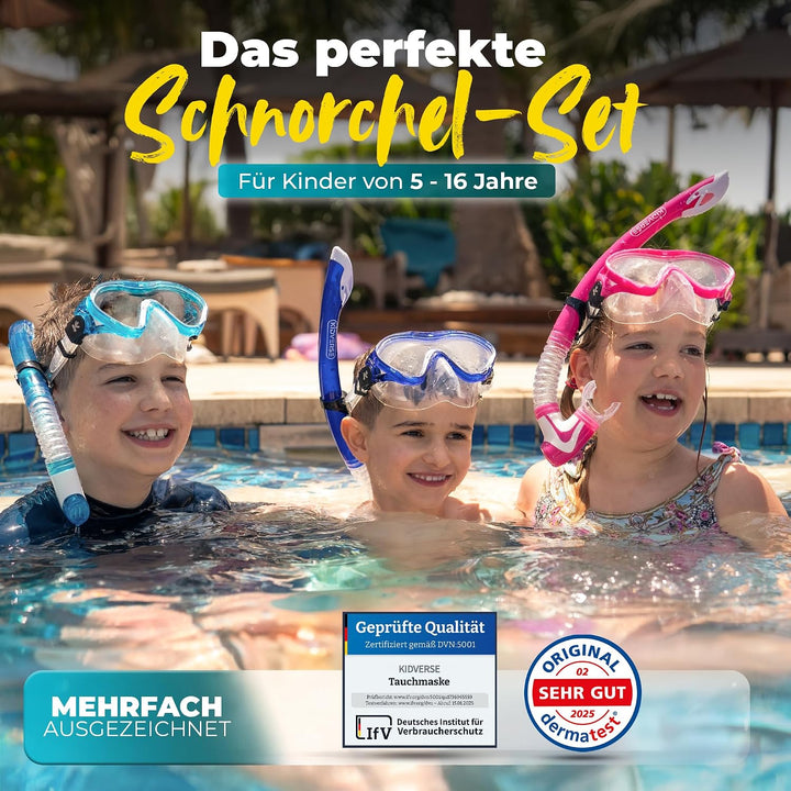KIDVERSE Taucherbrille Kinder mit Schnorchel ab 5 Jahre - CE &amp; Dermatest geprüfte Taucherbrille mit