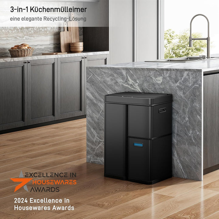 EKO Mirage Plus Mülleimer mit 3 Fächer, 2 x 15 L und 30 L, Recycler Mülleimer mit Sensor, 3 Kunststo