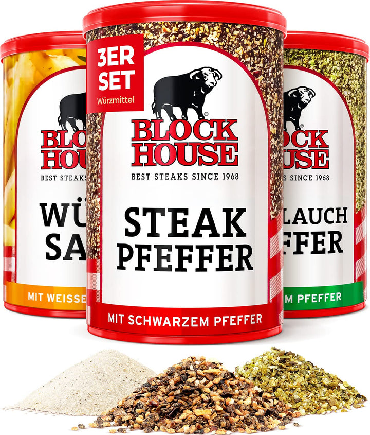 Block House Steak Pfeffer mit schwarzem Pfeffer, Würzsalz mit weissem Pfeffer, Knoblauchpfeffer mit