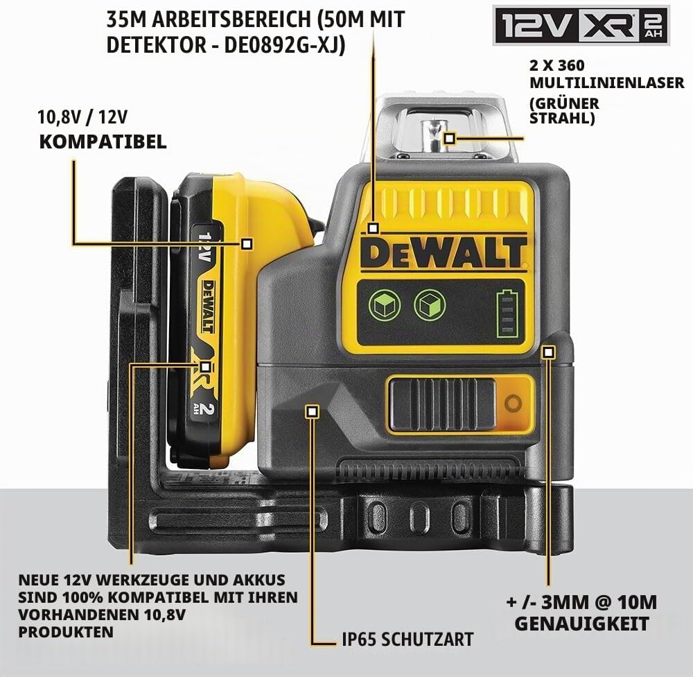 Dewalt 10,8 Volt 2x360° Linienlaser, Grün DCE0811D1G (Selbstnivellierend, horizontal &amp; vertikal, ink