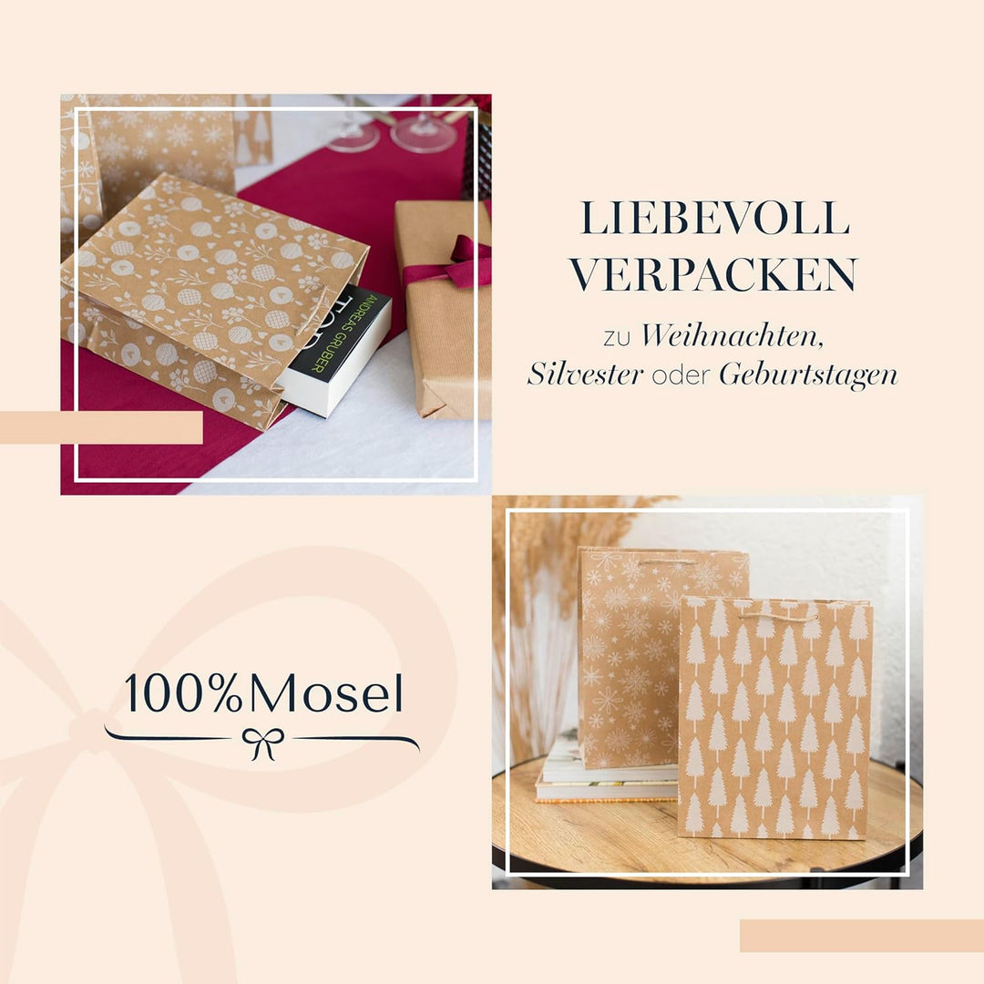 100% Mosel Geschenktüten Weihnachten, in Natur/Weiss, 12 Stück (18 x 23 x 8 cm), Weihnachtstaschen a