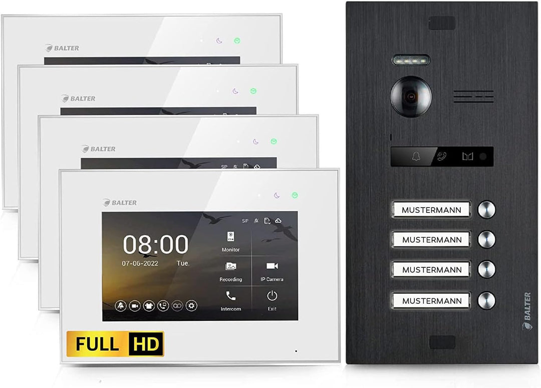 Balter EVO-HD Video Türsprechanlage, Video Türklingel mit Kamera, 4 familienhaus Klingel, 4 x 7 Zoll