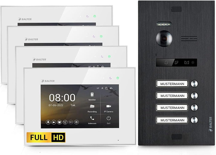 Balter EVO-HD Video Türsprechanlage, Video Türklingel mit Kamera, 4 familienhaus Klingel, 4 x 7 Zoll