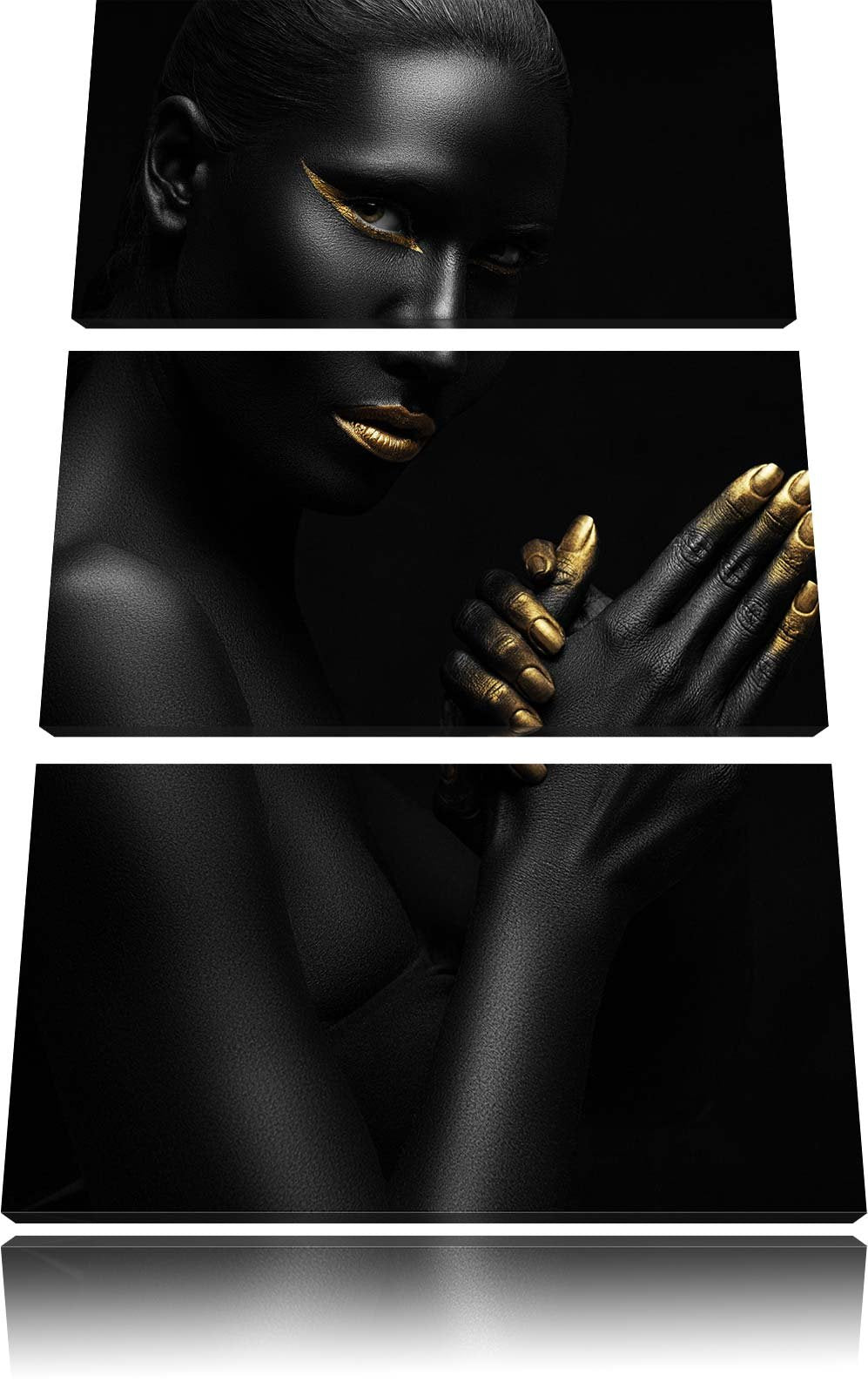 Pixxprint Frau mit goldenen Lippen / 3-Teilig/Gesamtmass 120cm Leinwandbild bespannt auf Holzrahmen/