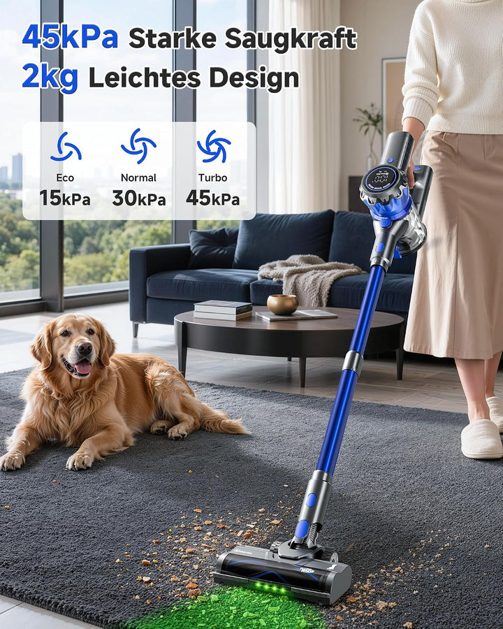 Akku Staubsauger mit Display, Staubsauger Kabellos mit Anti-Tangle-Bürste | Selbststehend, Ultraleis