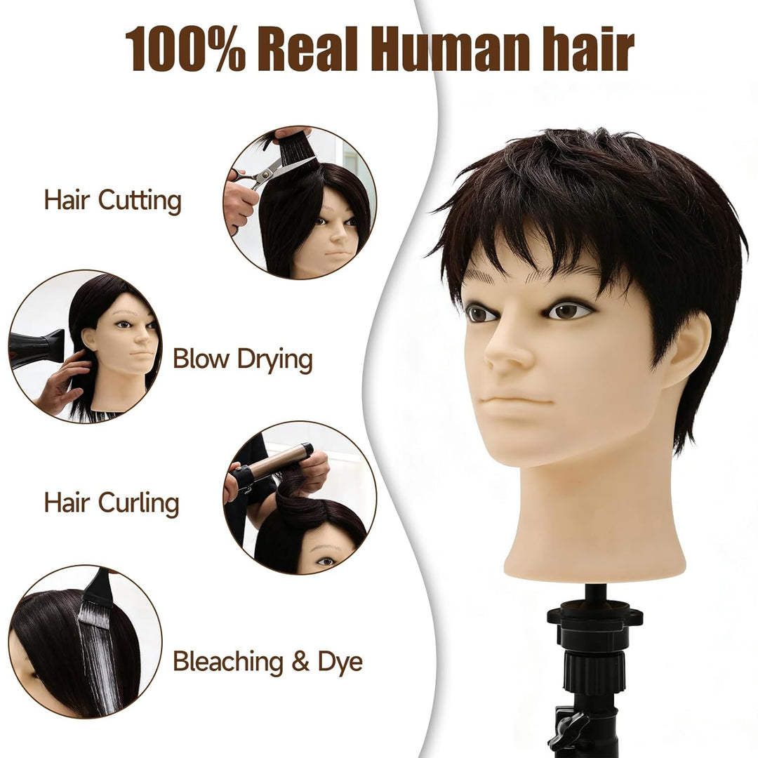 TwoWin 13 Zoll (33 cm) Frisierkopf Echthaar, Mann Friseurkopf Übungskopf 100% echthaar, Trainingskop