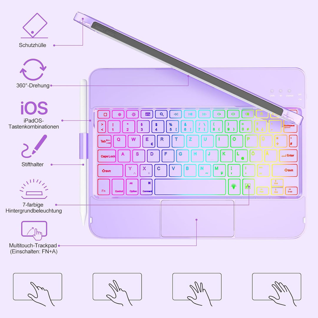 MMK Tastatur Hülle für iPad 10 Generation 10,9 Zoll 2022, 7 Farben Beleuchtung & Multi Touch Trackpa