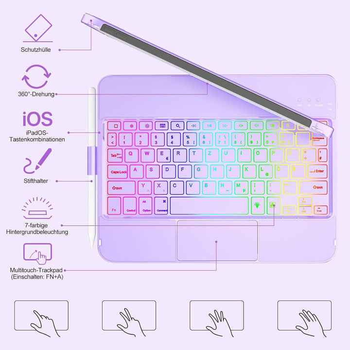 MMK Tastatur Hülle für iPad 10 Generation 10,9 Zoll 2022, 7 Farben Beleuchtung & Multi Touch Trackpa