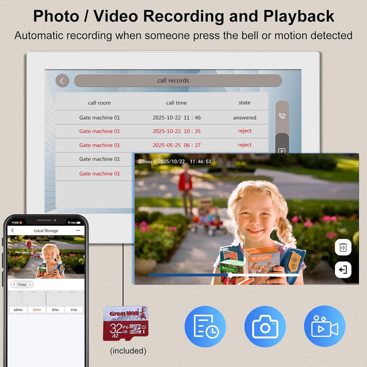 2 Draht WLAN 1080P HD Video-Türglocke-Kamera mit Monitor, Video-Türtelefon Intercom-System, 10 Zoll