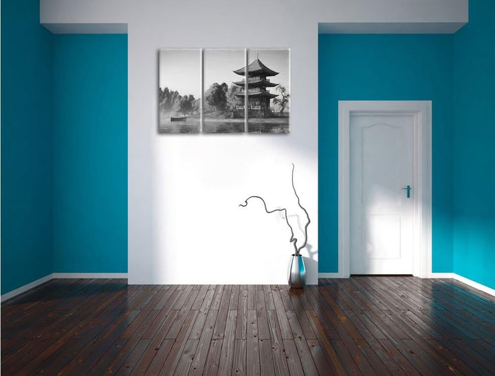 Pixxprint asiatischer Tempel an See / 3-Teilig/Gesamtmass 120cm Leinwandbild bespannt auf Holzrahmen