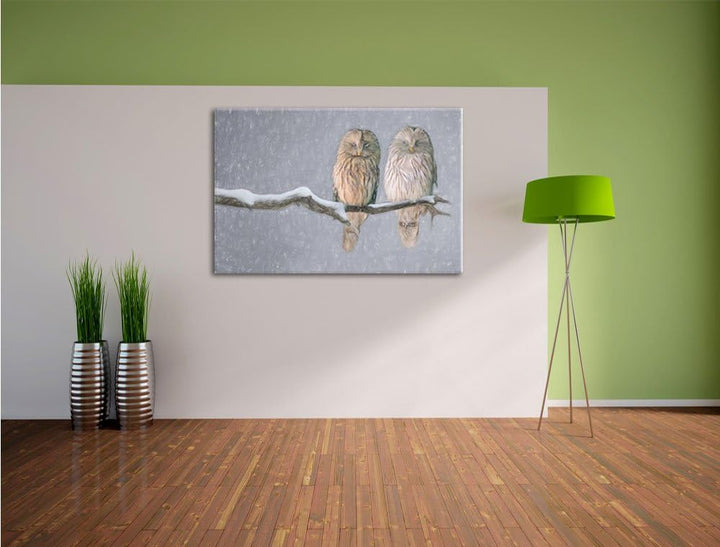 Pixxprint Zwei Eulen in Winterlandschaft Kunst Buntstift Effekt, Format: 100x70 auf Leinwand, 100x70