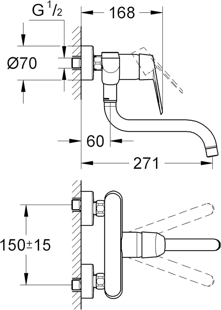 GROHE Eurodisc Cosmopolitan Einhand-Spültischbatterie, Wandmontage 33772002, Silber, Silber