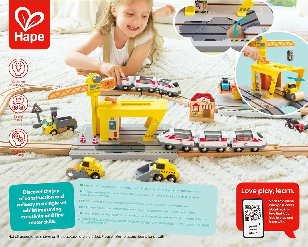 Hape Eisenbahnkran für Kinder | Erweiterbares Set für kreative Spiele, Mobiler Kran mit Hebefunktion