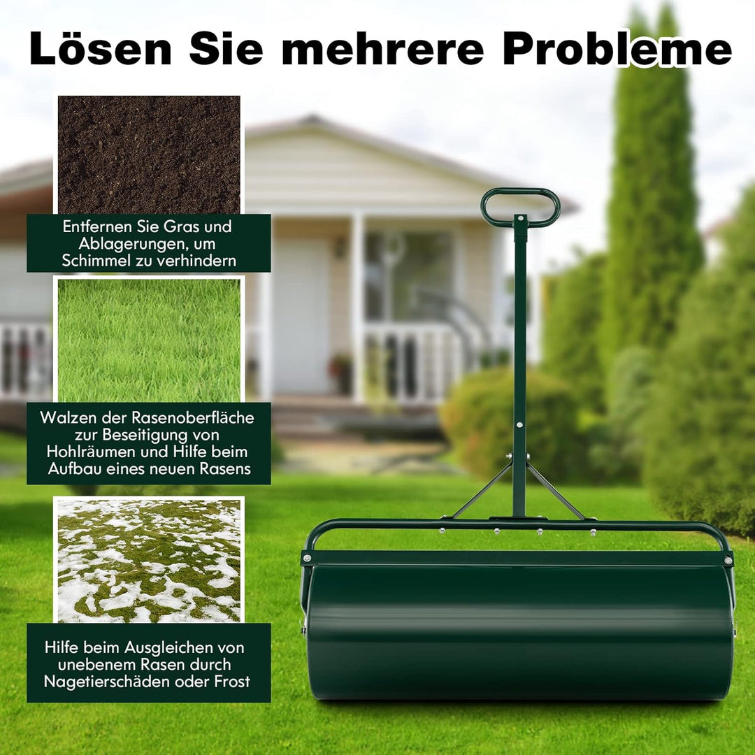 FANTASK Ø 30CM Rasenwalze Metall, Handwalze mit Griff 63 L, Schwerlasttrommel Graswalze befüllbar mi