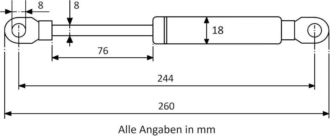 Secuplan Gasdruckfeder 244 mm, 76 mm Hub, 90 N, Ø 8/6 mm, abnehmb. Augen Gasdruckdämpfer, Gasfeder f