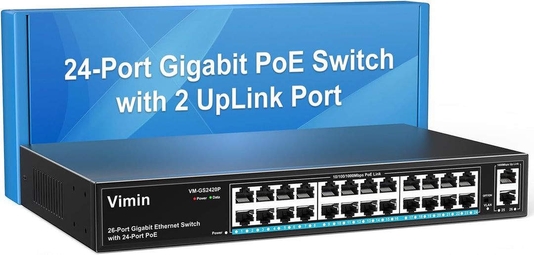 VIMIN 24-Port Gigabit PoE Switch mit 2 Uplink Gigabit Ports, 26-Port Unmanaged Ethernet PoE Switch m