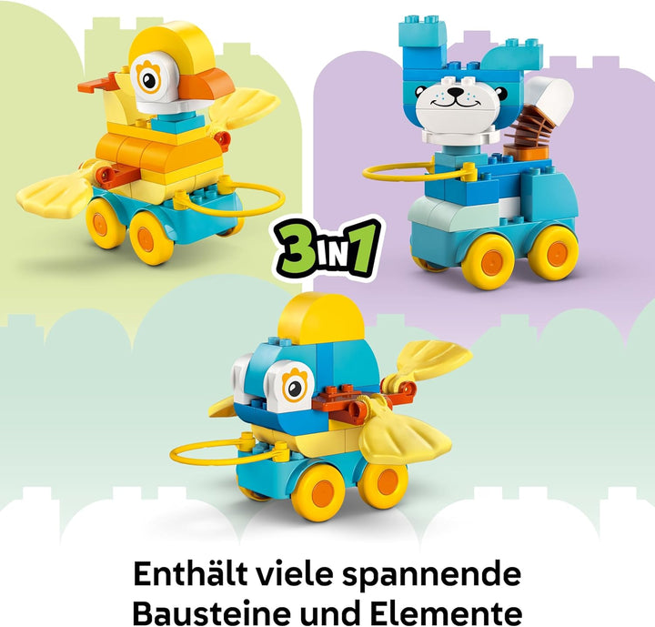 LEGO DUPLO Town Tiere auf Rädern 3-in-1-Set - Montessori Spielzeug zum Bauen von Ente, Fisch oder Hu