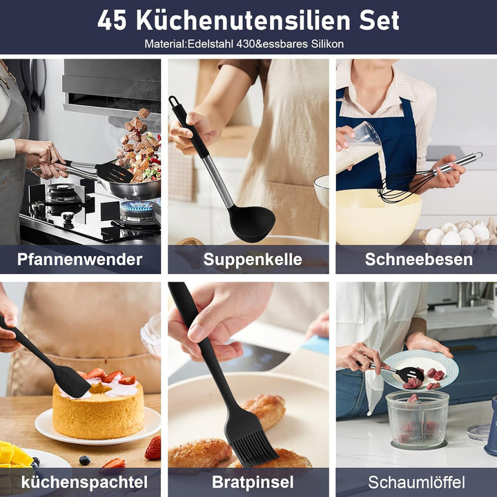 Küchenhelfer Set 45-teilig Küchenutensilien Set Silikon, Spülmaschinenfest mit Utensilienhalter, Hit