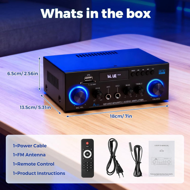 HiFi-Verstärker, Mini Bluetooth Stereo Audio Verstärker Receiver 12V/ 220V 800W 2 Kanäle Endverstärk