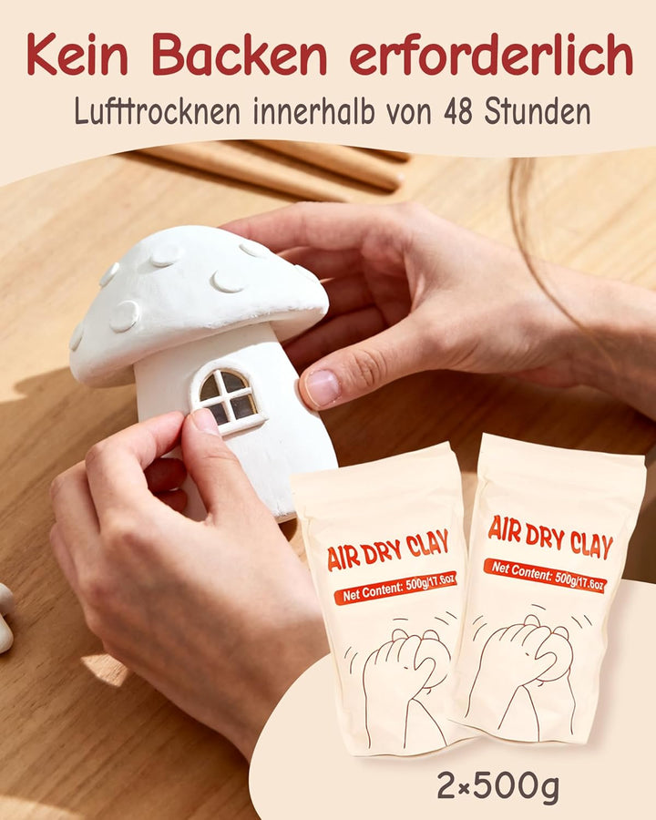 cycletour Töpferset, 1 KG Lufttrocknender Ton, Inklusive 20 ML Air Dry Clay Glaze, 5 Modellierwerkze