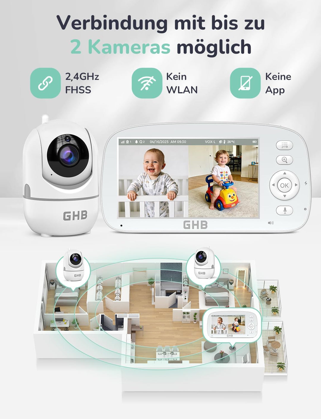 GHB Babyphone mit Kamera 5 Zoll 720P HD Kamera IPS Display mit 5000mAh Akku 4X Zoom 2-Bildschirm-Spl
