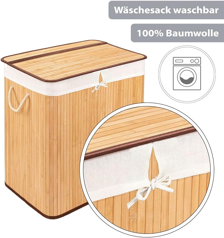 PANA®ECO Bambus Wäschekorb mit Deckel (150 L) • Wäschebox mit herausnehmbaren Wäschesack • Faltbarer