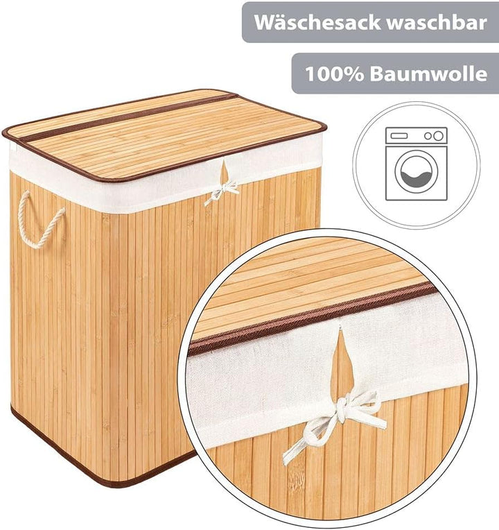 PANA®ECO Bambus Wäschekorb mit Deckel (150 L) • Wäschebox mit herausnehmbaren Wäschesack • Faltbarer