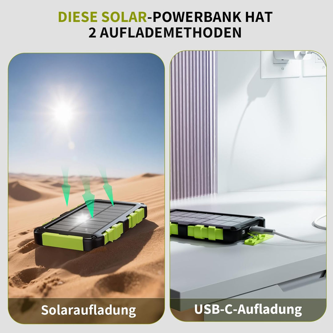 Solar Powerbank 10000mAh PD 22,5W Tragbares Solar Ladegerät USB C Outdoor Wasserdicht Externer Akku