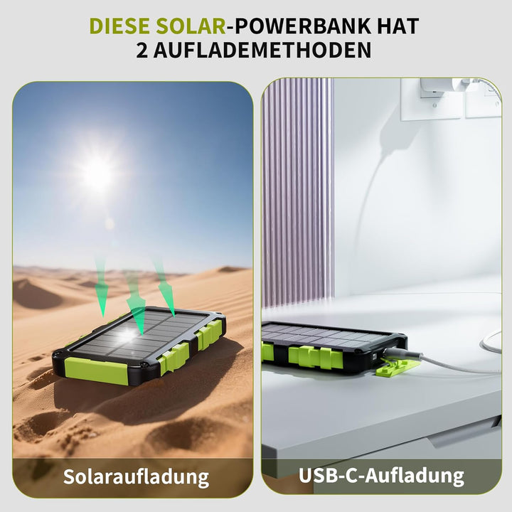 Solar Powerbank 10000mAh PD 22,5W Tragbares Solar Ladegerät USB C Outdoor Wasserdicht Externer Akku