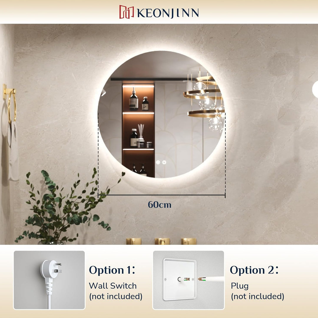 Keonjinn Badspiegel mit Beleuchtung Rund 60cm, Badezimmerspiegel mit Beschlagfrei Touch Schalter Spe