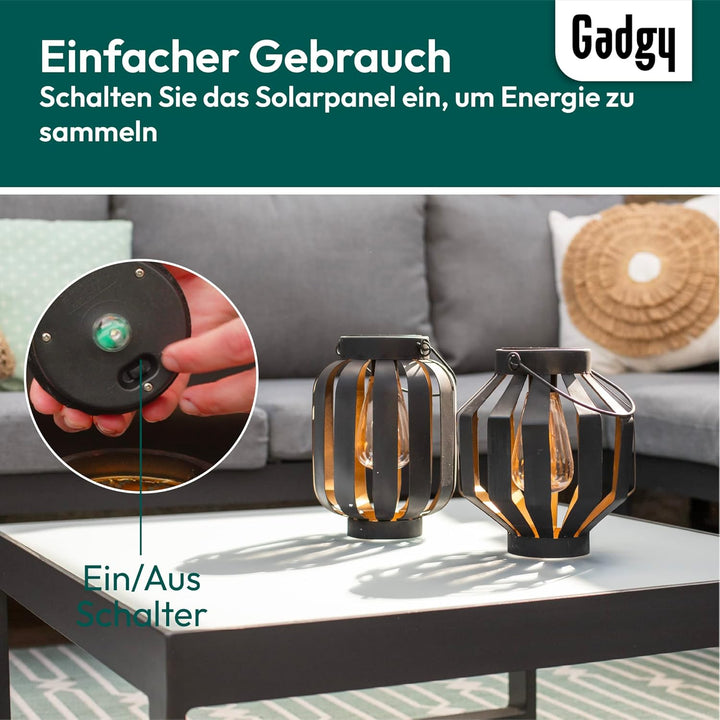 Gadgy Solarlampen für Aussen Hängend | 2 Stück | Schwarz/Gold Metal | Solar-Laternen mit LED-Glühbir