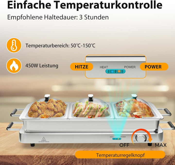 SOARS Warmhaltebehälter elektrisch 450 W, Speisenwärmer mit 3 Behältern & Deckeln, 9L Edelstahl Chaf