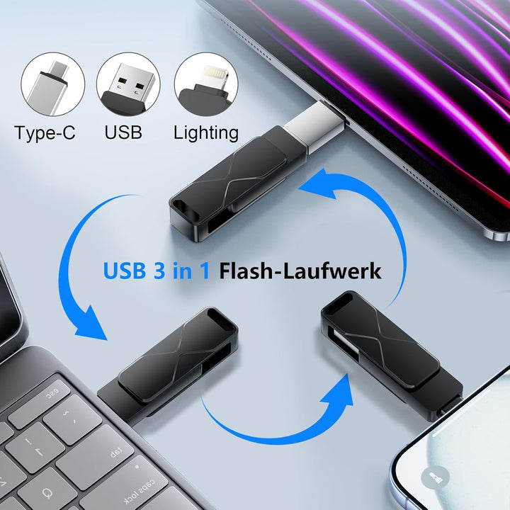USB-Stick für iPhone 512GB, MFi Certified Lightning 3-in-1, externer Speicher, USB-Stick, für iPhone