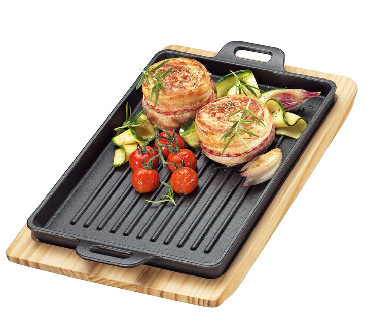 Küchenprofi BBQ Grillpfanne Gusseisen gerillt auf Holzbrett, eckig, 32 x 22 x 3,5 cm, Feuerstelle, a