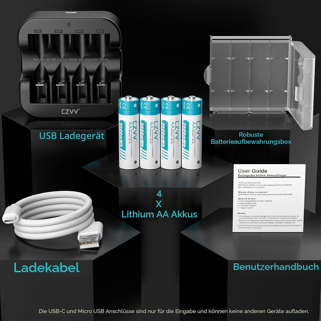 czvv Wiederaufladbare Batterien AA Lithium 1,5V - Hoher Kapazität 3500mWh - 1300 Ladezyklen - 4 Stüc