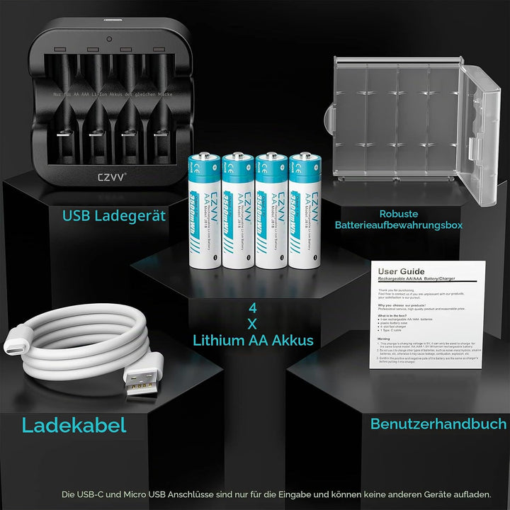 czvv Wiederaufladbare Batterien AA Lithium 1,5V - Hoher Kapazität 3500mWh - 1300 Ladezyklen - 4 Stüc
