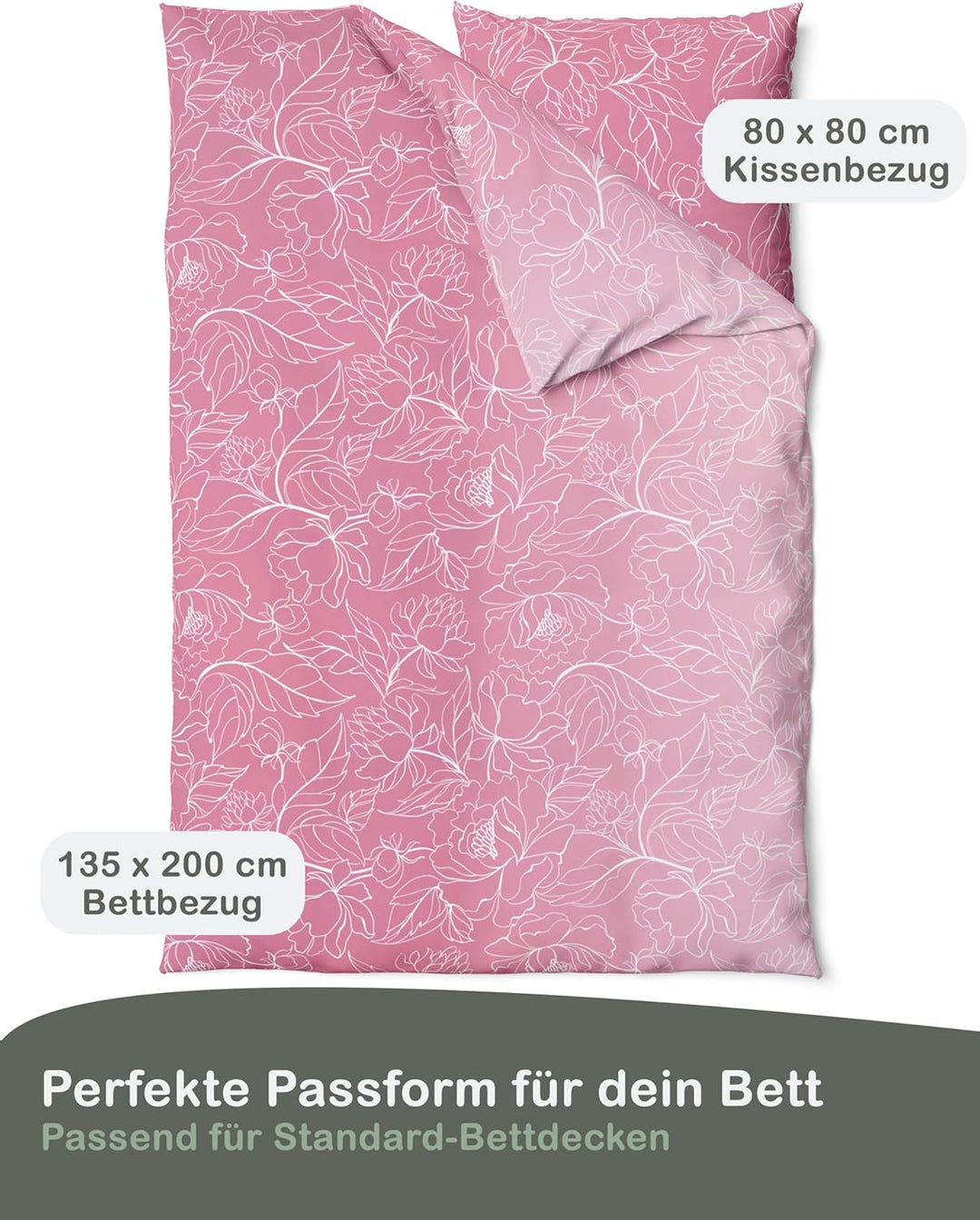 LINKHOFF Biber Bettwäsche Set 2tlg 135 x 200cm - Winterbettwäsche Altrosa Blumen Ranken-Motiv in Ros