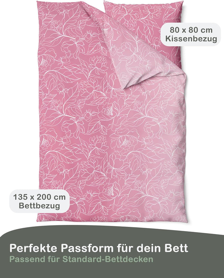 LINKHOFF Biber Bettwäsche Set 2tlg 135 x 200cm - Winterbettwäsche Altrosa Blumen Ranken-Motiv in Ros
