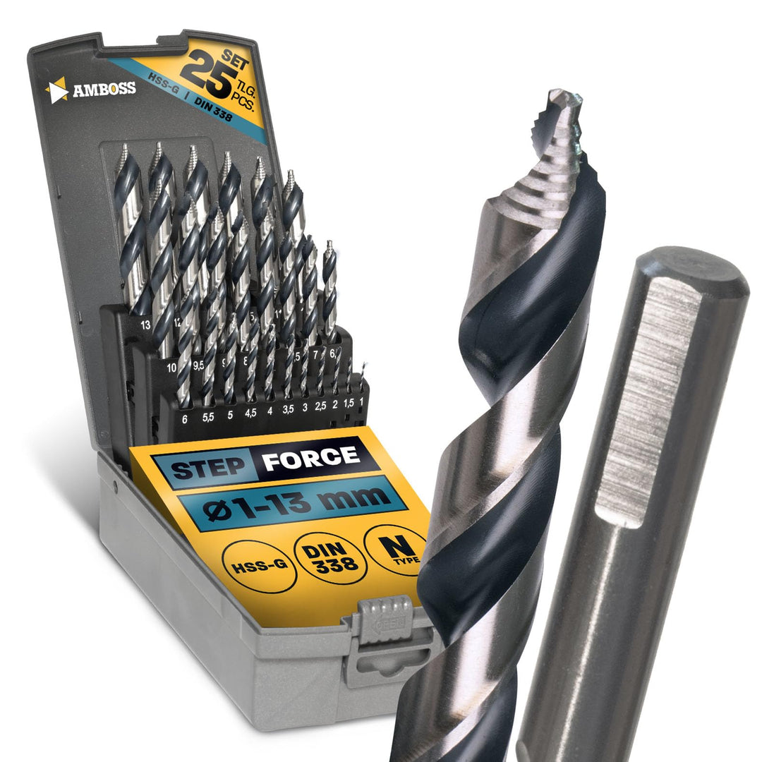Spiralbohrer Step Force 25tlg. SET Ø1-13 mm - HSS-G DIN 338 für Stahl, Baustahl, Alu, Buntmetalle AM