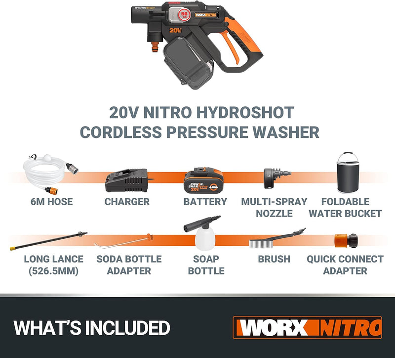 WORX Nitro 18V(20V MAX) Hydroshot Akku-Hochdruckreiniger WG633E.1, PowerShare, Terrassenreinigung un