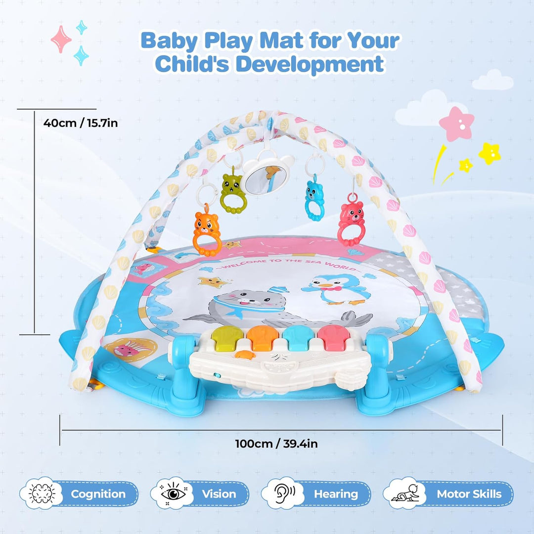 Baby-Spielmatte, Baby-Spielbogen mit Rassel, Klavier und Spiegel, Boden-Spielmatte (100 cm Durchmess