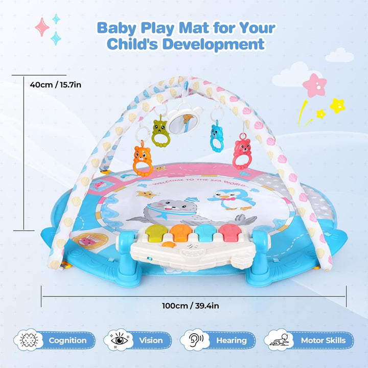 Baby-Spielmatte, Baby-Spielbogen mit Rassel, Klavier und Spiegel, Boden-Spielmatte (100 cm Durchmess