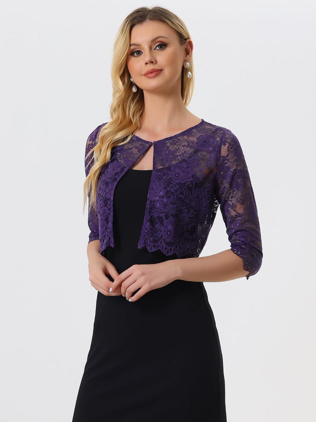 Allegra K Damen Brautjacke Spitzen Bolero Festlich Kurz 3/4 Ärmel Durchsichtig Blumen Spitze Shrug C